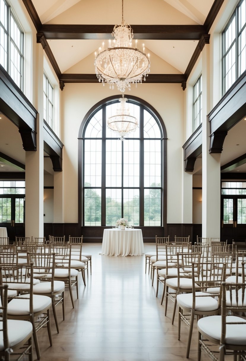 A spacious and elegant wedding venue with high ceilings, large windows, and soft, natural lighting