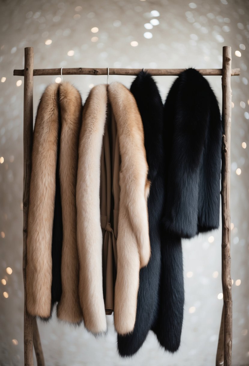 A group of fur stoles and wraps hang on a rustic wooden coat rack, ready for the bridal party to keep warm at a cold wedding