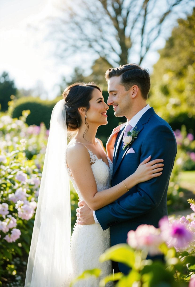 A bride and groom share a quiet moment in a sunlit garden, surrounded by blooming flowers and a gentle breeze