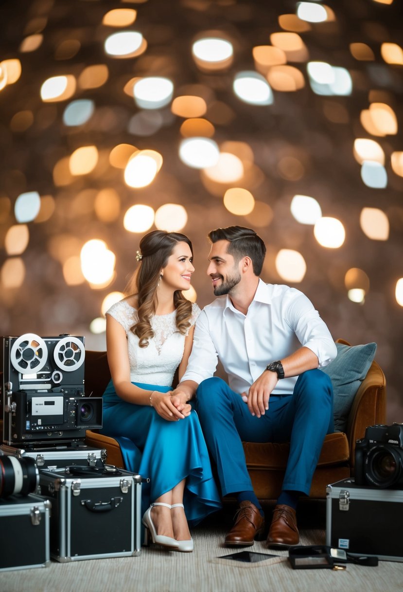 A couple sitting together, surrounded by film equipment and discussing wedding tips