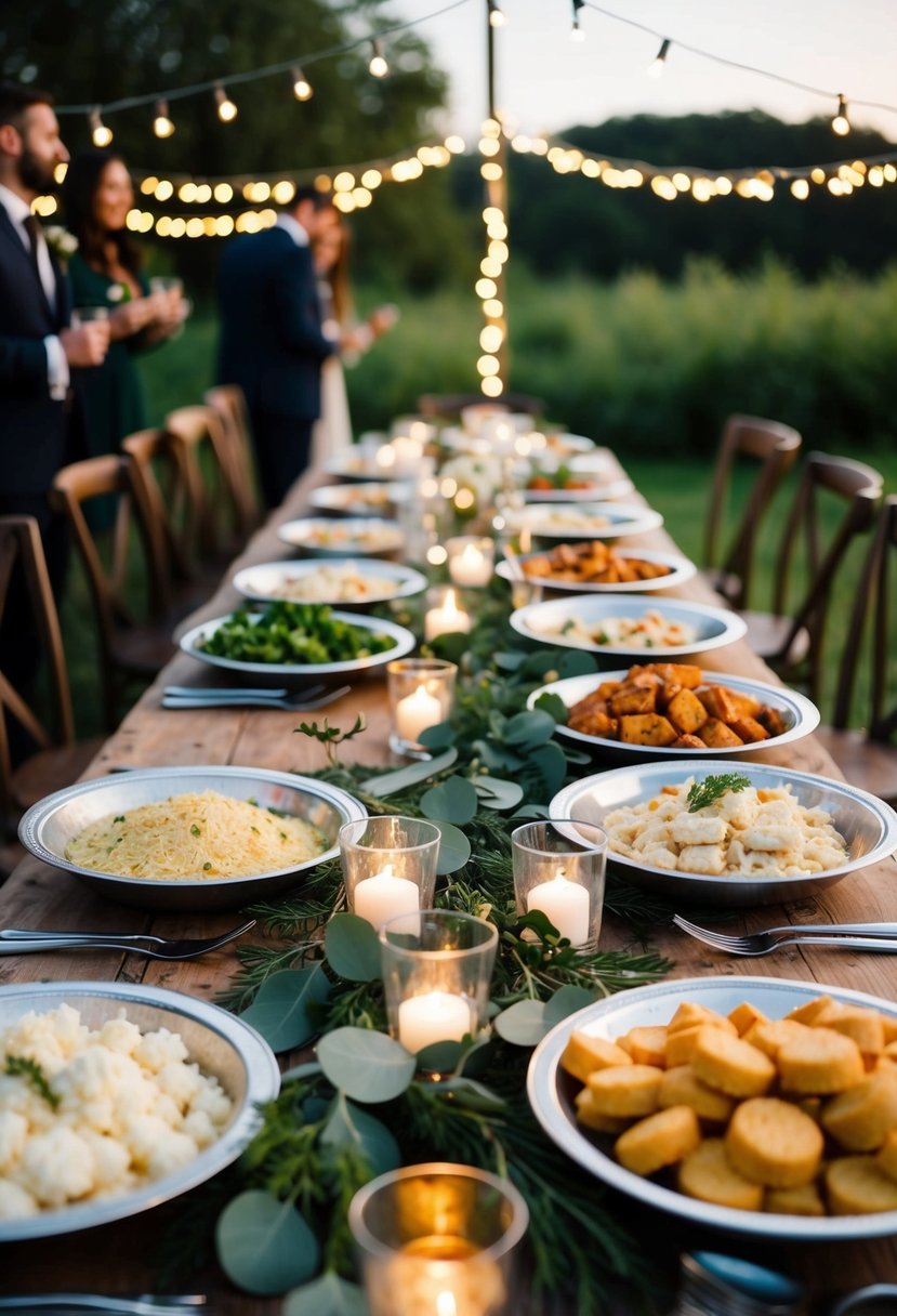 A rustic table set with platters of cold comfort foods, surrounded by twinkling lights and greenery, awaits wedding guests