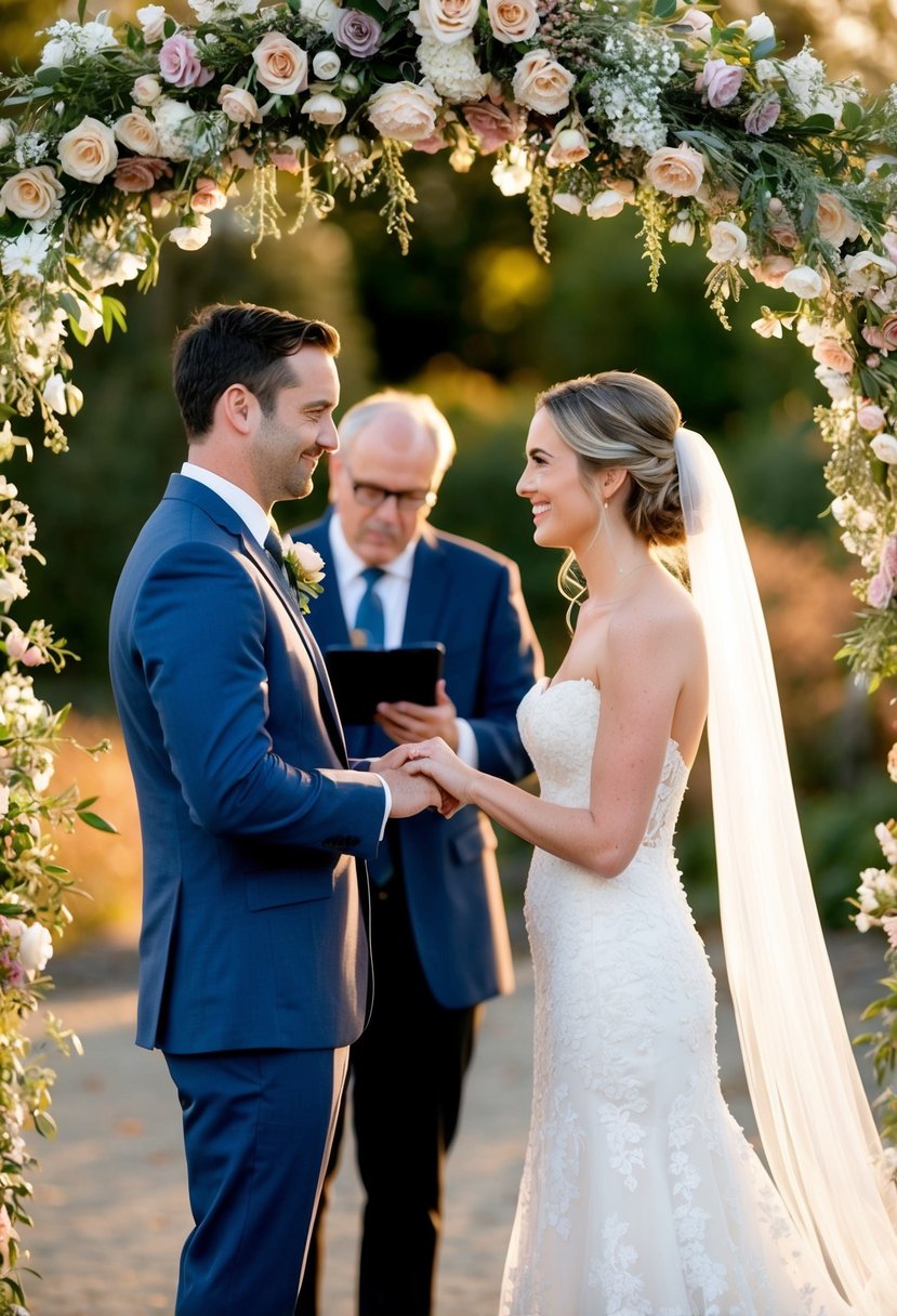 A bride and groom exchange vows under a floral arch, while a videographer captures the intimate moment. The setting is filled with soft, warm light