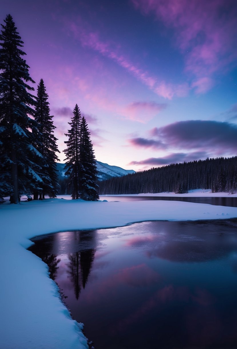 A snowy landscape with dark evergreen trees, a frozen lake, and a deep purple and blue sky at dusk