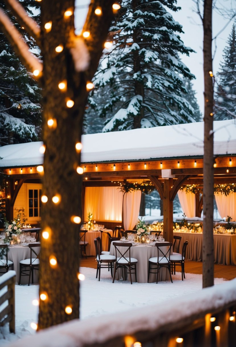 An outdoor wedding venue with snow-covered trees and a cozy indoor reception area with warm lighting and decorations