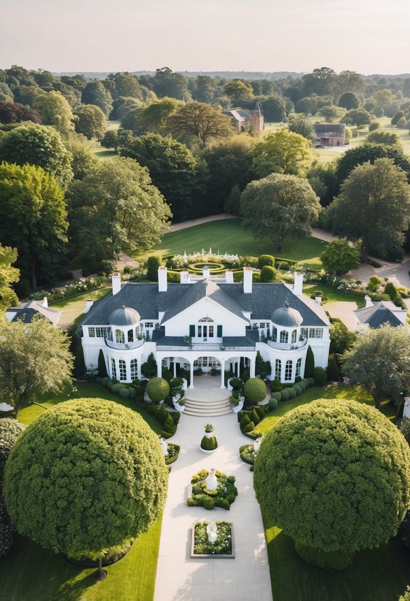 Aerial view of a picturesque wedding venue with lush greenery, elegant decor, and a serene atmosphere, captured by a drone for a stunning perspective wedding film