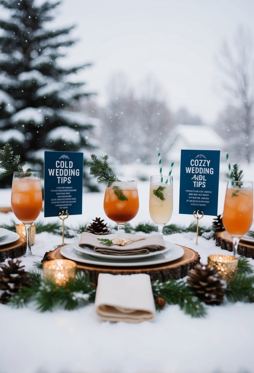 A cozy winter scene with a table set with winter-themed cocktails and cold wedding tips displayed on a snowy backdrop