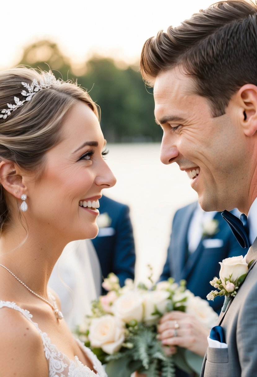 A bride's tearful eyes and a groom's beaming smile as they exchange vows