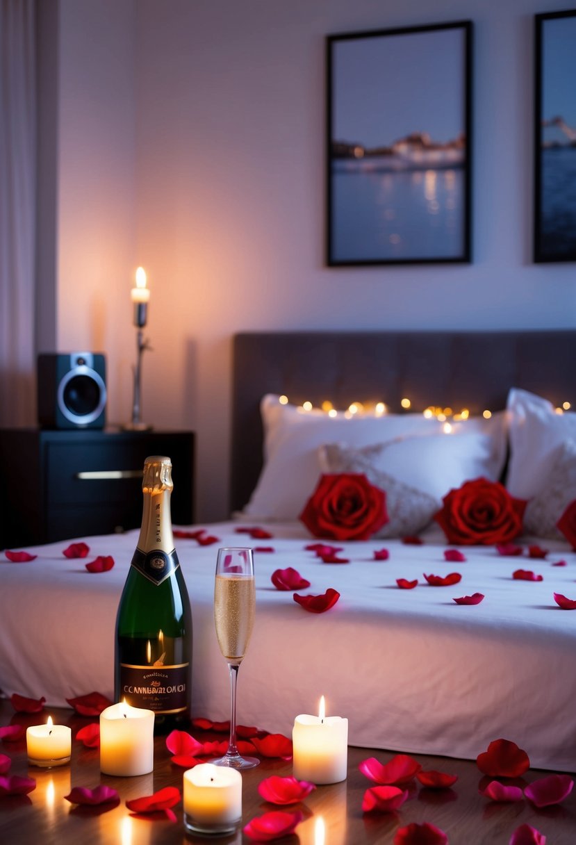 A candlelit bedroom with rose petals scattered on the bed and floor, a bottle of champagne chilling on the nightstand, and soft music playing in the background