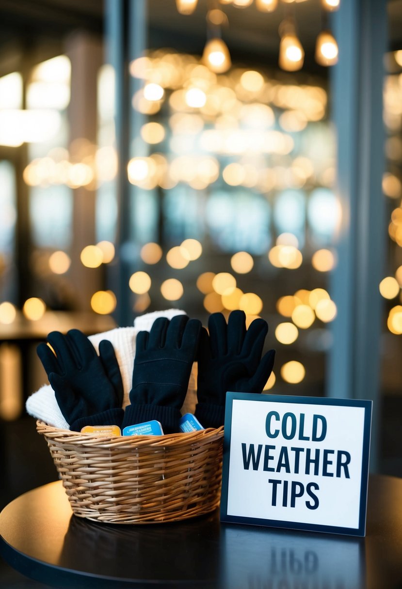 A table with a basket of gloves and hand warmers, next to a sign reading "Cold Weather Tips."