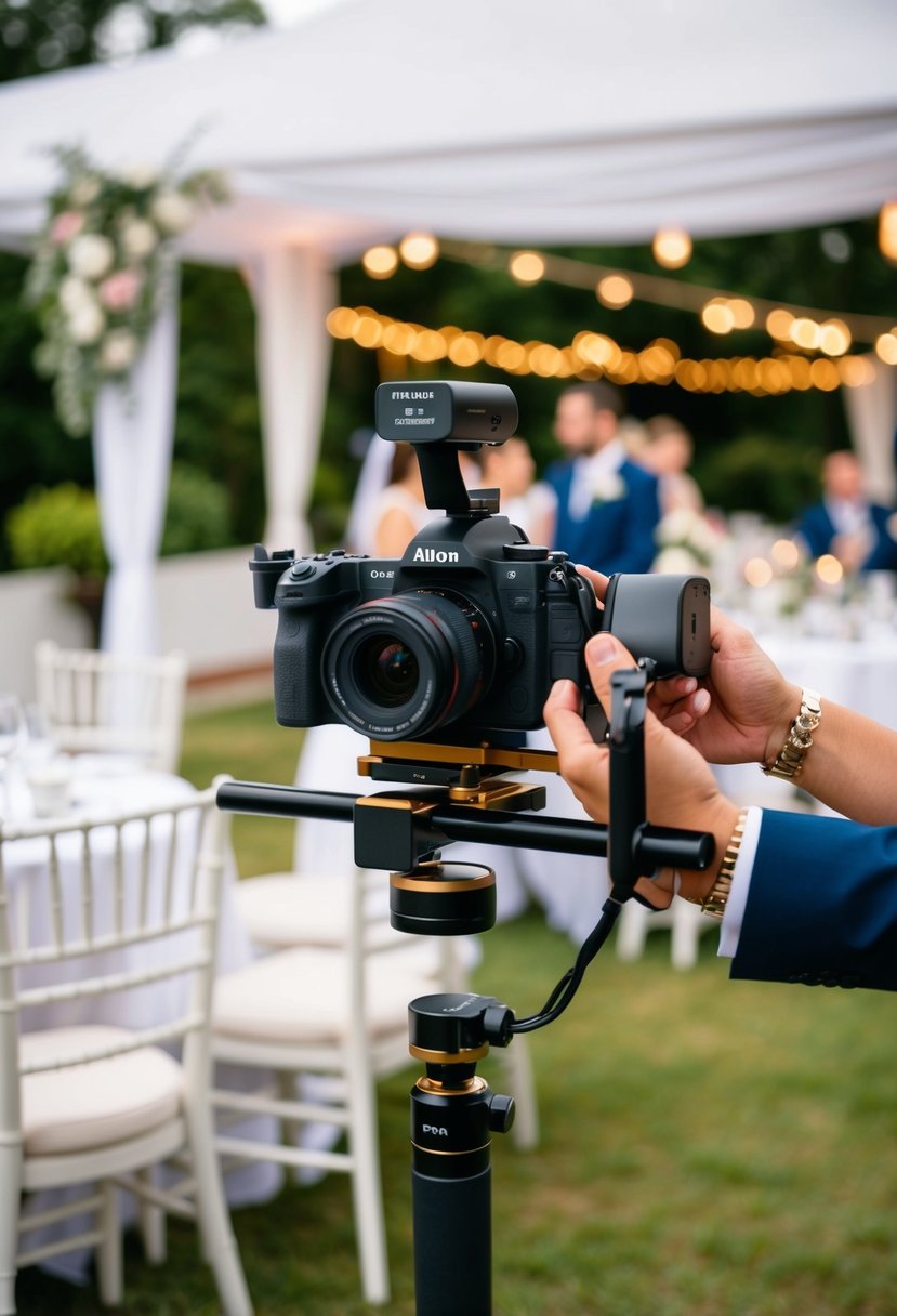 A camera mounted on stabilizers glides smoothly through a wedding venue, capturing elegant details and romantic moments