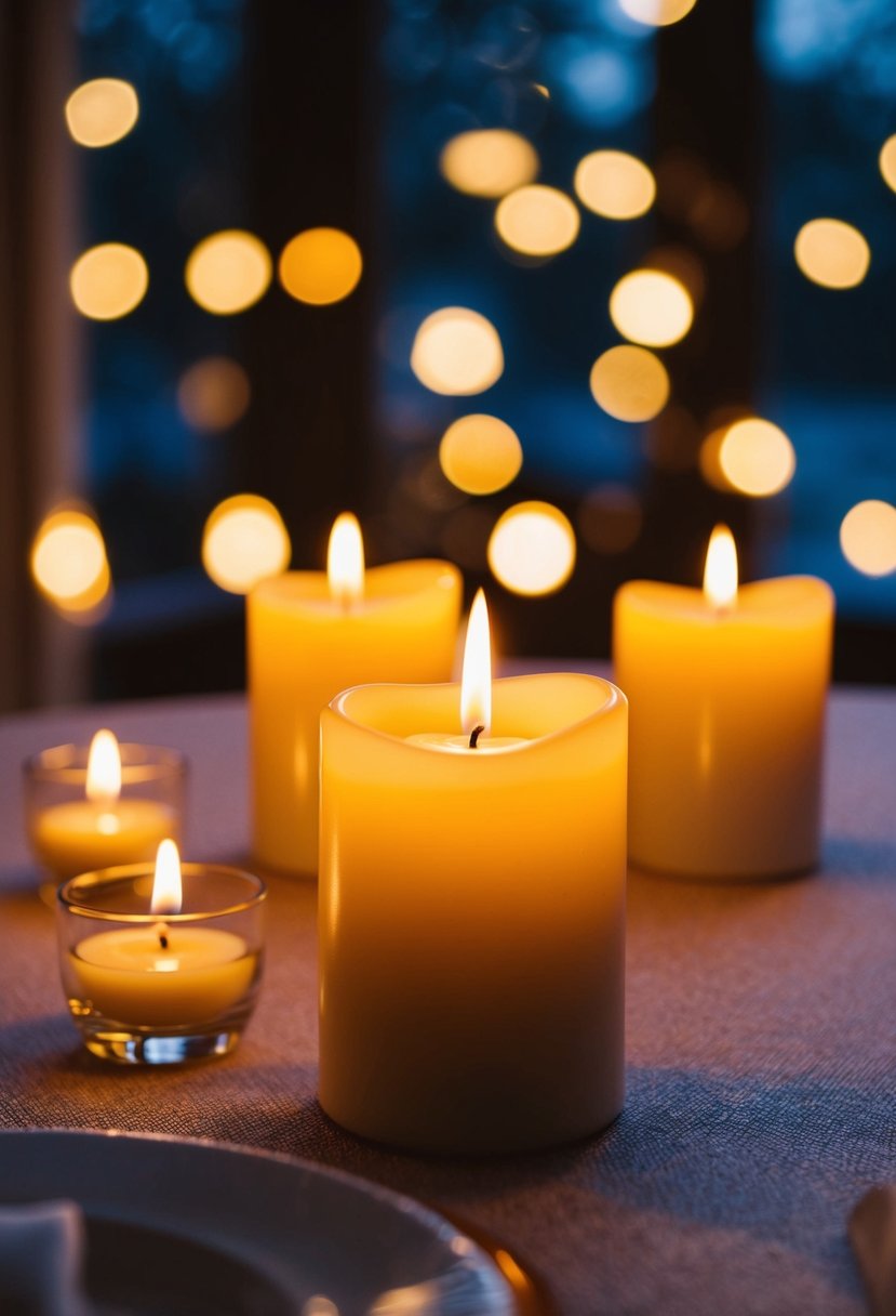 Soft music fills the room as candles cast a warm glow, creating a romantic atmosphere for a wedding night