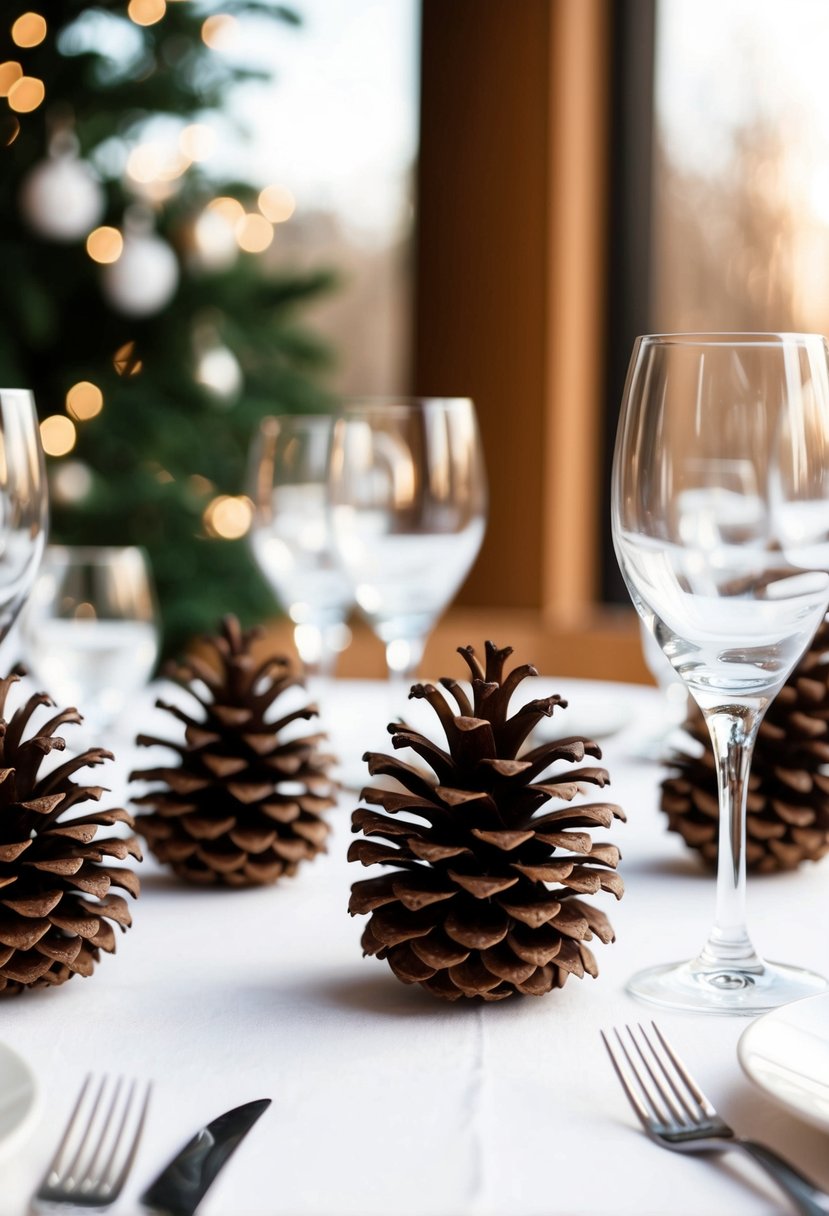 Pinecone table decorations at a winter wedding