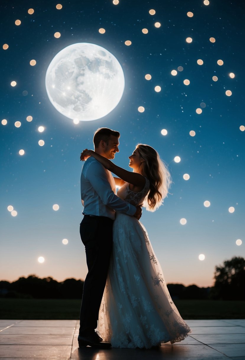 A couple dances under the moonlight, surrounded by twinkling stars and a serene night sky