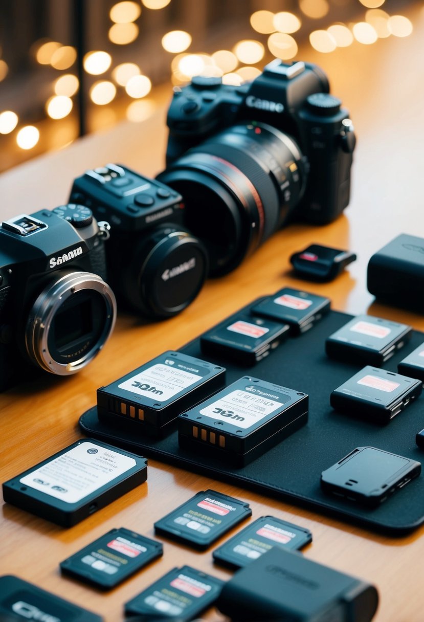 A table with camera gear, batteries, and memory cards laid out for a wedding film shoot