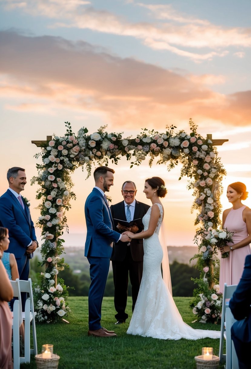 A couple exchanging vows under a floral arch, surrounded by family and friends, with a stunning sunset in the background