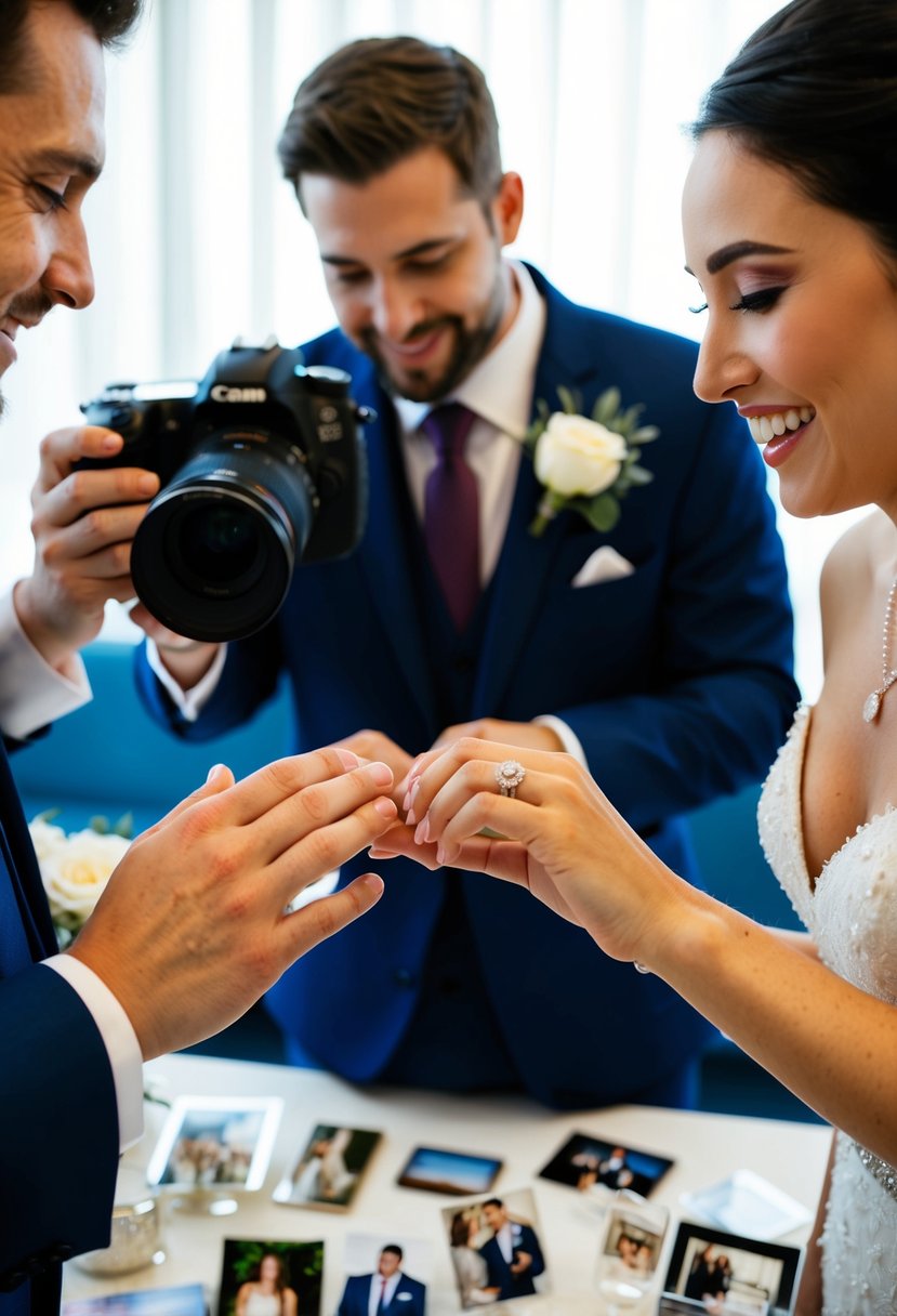 A bride and groom exchanging rings while a camera captures the moment, surrounded by personal items such as photos and mementos