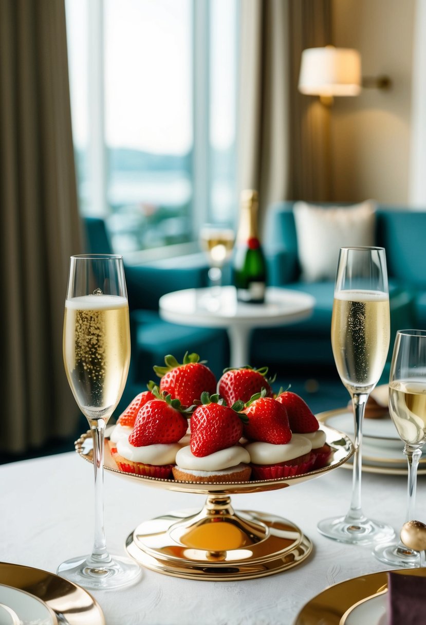 A decadent dessert tray with champagne and strawberries on a beautifully set hotel room table