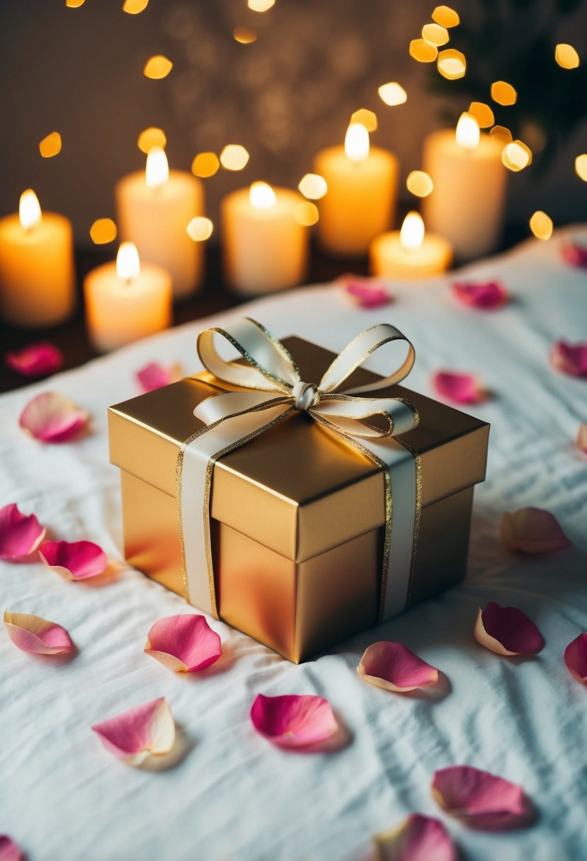 A beautifully wrapped gift box sits on a neatly made bed, surrounded by delicate rose petals and flickering candlelight