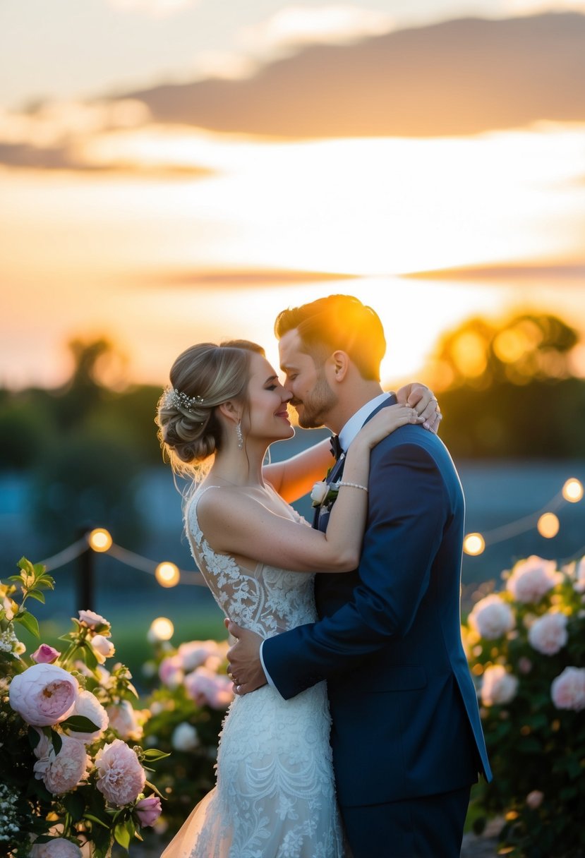 A bride and groom embrace under a glowing sunset, surrounded by blooming flowers and twinkling lights