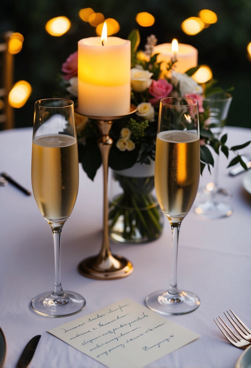 A candlelit table set with two champagne flutes, a bouquet of flowers, and a handwritten note