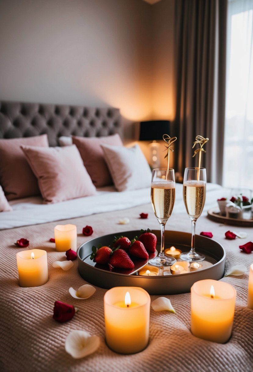 A cozy bedroom with soft candlelight, scattered rose petals, and a tray of champagne and strawberries on a plush bed