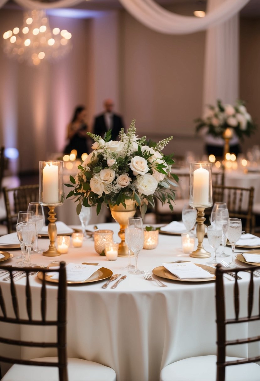 A beautifully decorated sweetheart table at a wedding reception, with elegant floral centerpieces and romantic candlelight