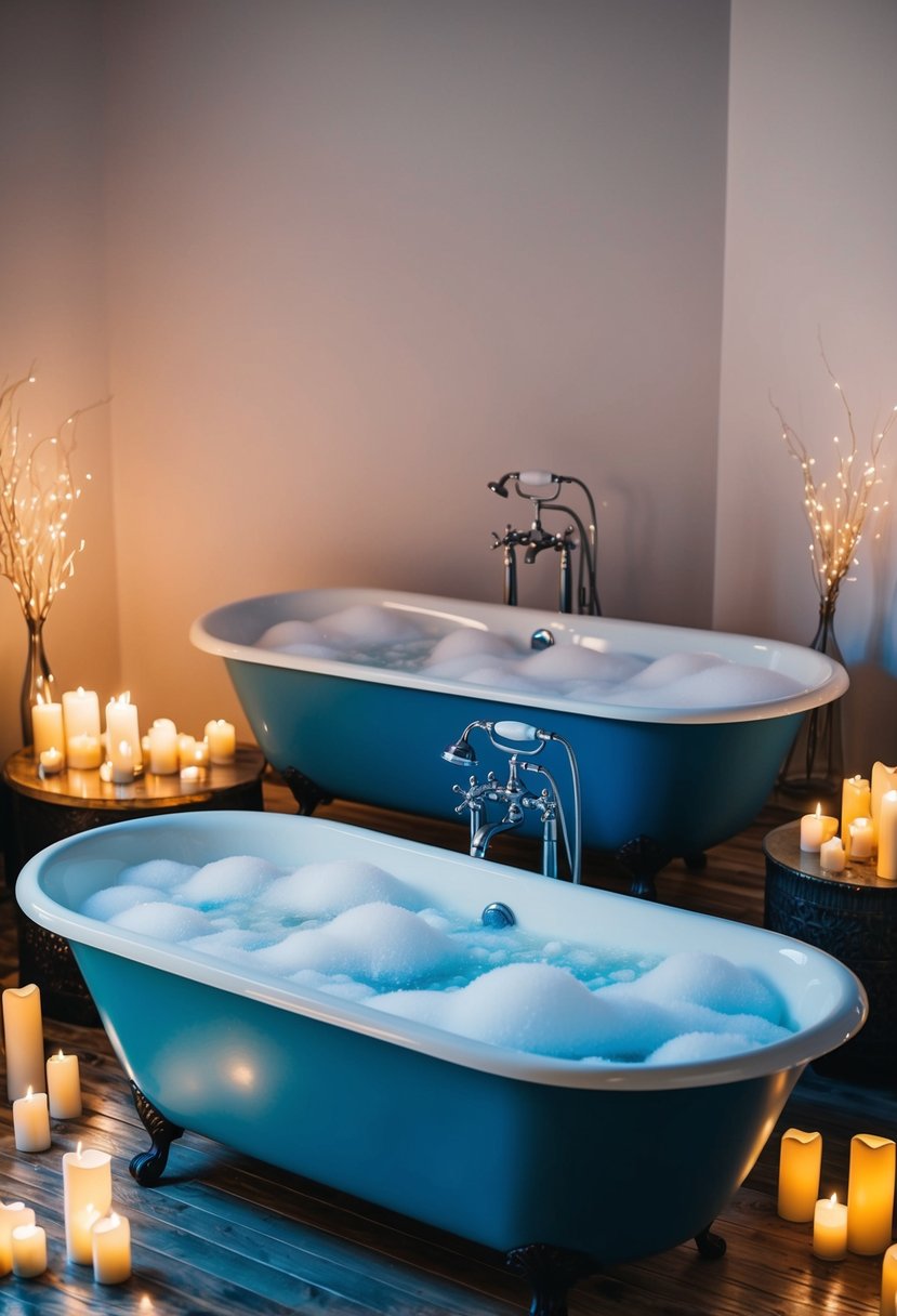 Two large, freestanding bathtubs filled with bubbles, surrounded by flickering candles and soft music playing in the background