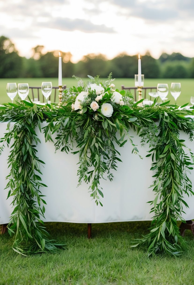 A lush greenery garland drapes elegantly across the sweetheart table, creating a romantic and natural ambiance for a wedding celebration