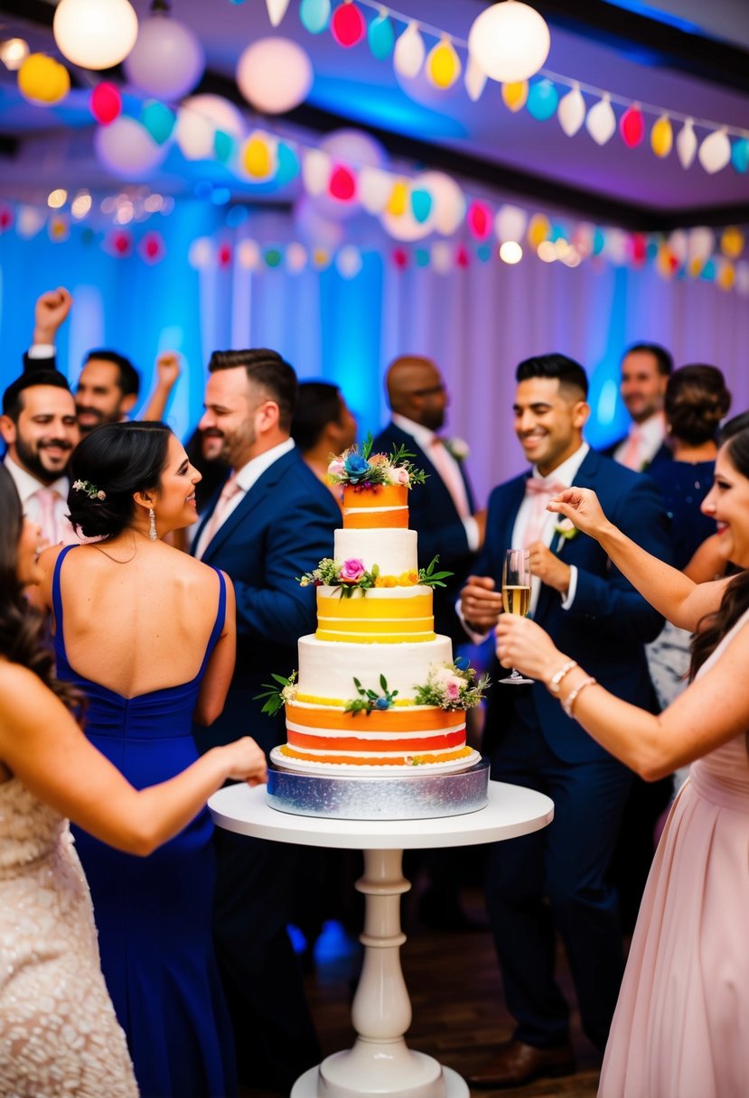 A festive wedding party with colorful decorations, a tiered cake, and guests dancing and celebrating