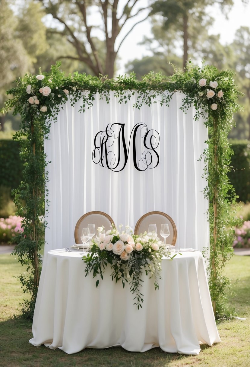 A monogrammed backdrop frames a sweetheart table at a wedding, adding a personalized touch to the romantic setting