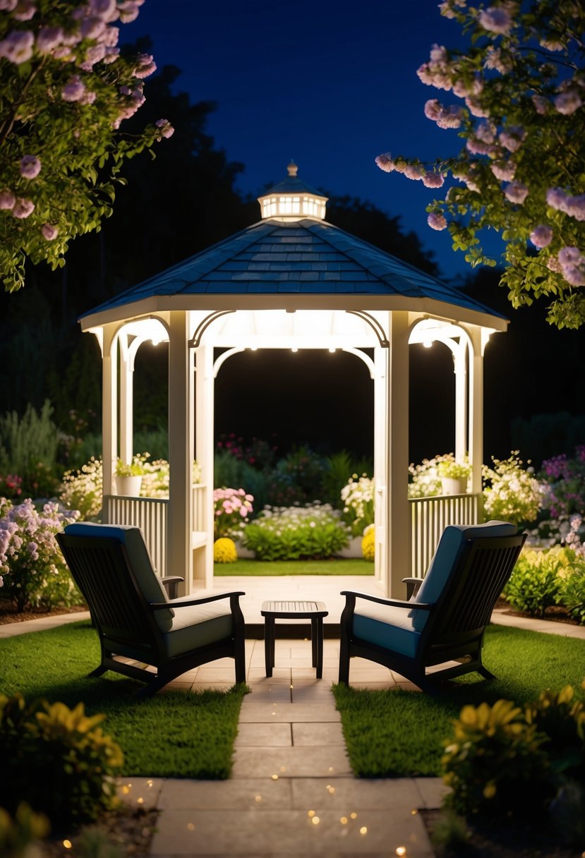 A serene night garden with a softly lit gazebo, surrounded by blooming flowers and twinkling lights. Two comfortable chairs facing each other, inviting relaxation and conversation