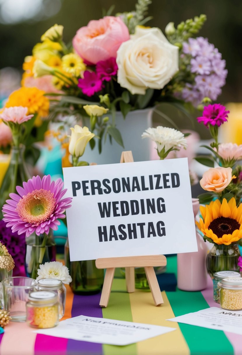 A colorful array of wedding party tips, flowers, and wedding-related objects arranged on a table, with a personalized wedding hashtag displayed prominently