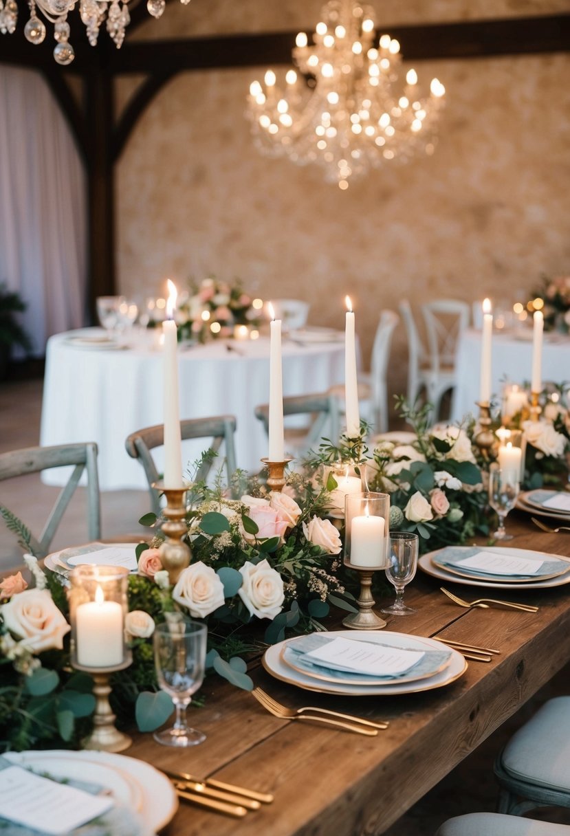 A rustic wooden table adorned with elegant floral arrangements and soft candlelight, set for an intimate sweetheart wedding reception