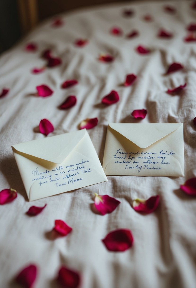 Two small envelopes with handwritten notes placed on a bed with rose petals scattered around them