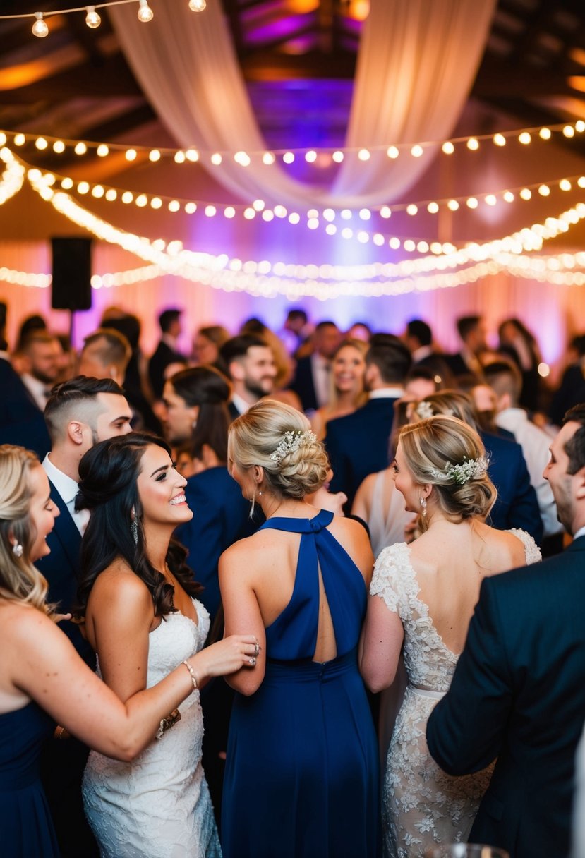 A festive wedding party with a diverse mix of music genres playing in the background, creating a lively and celebratory atmosphere