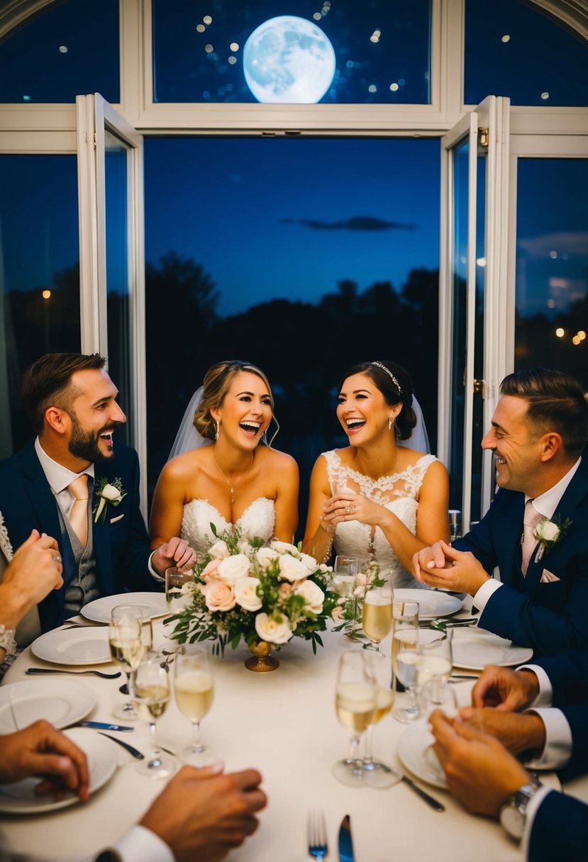 Guests share funny wedding stories, laughing around a table. Bride and groom smile, holding hands. Moonlight shines through open windows