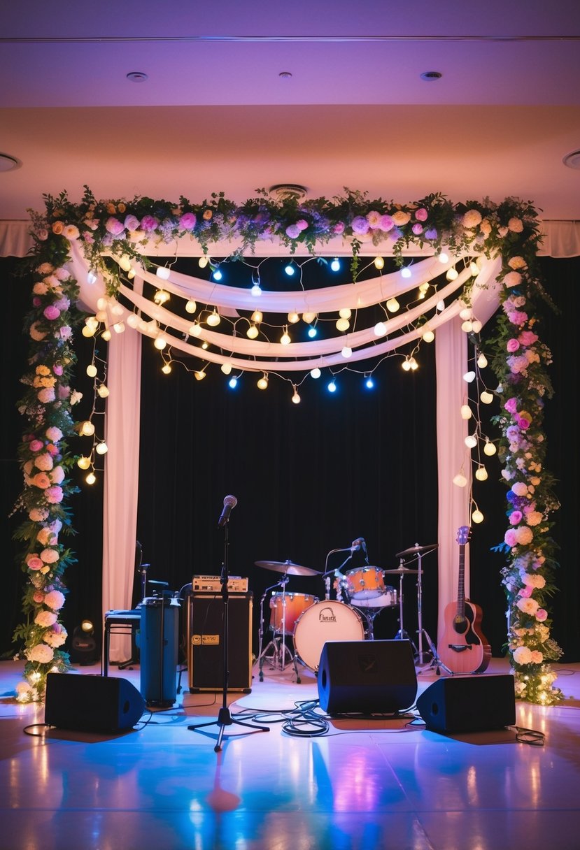 A stage adorned with twinkling lights and colorful decorations, with a microphone and musical instruments set up for a surprise wedding performance