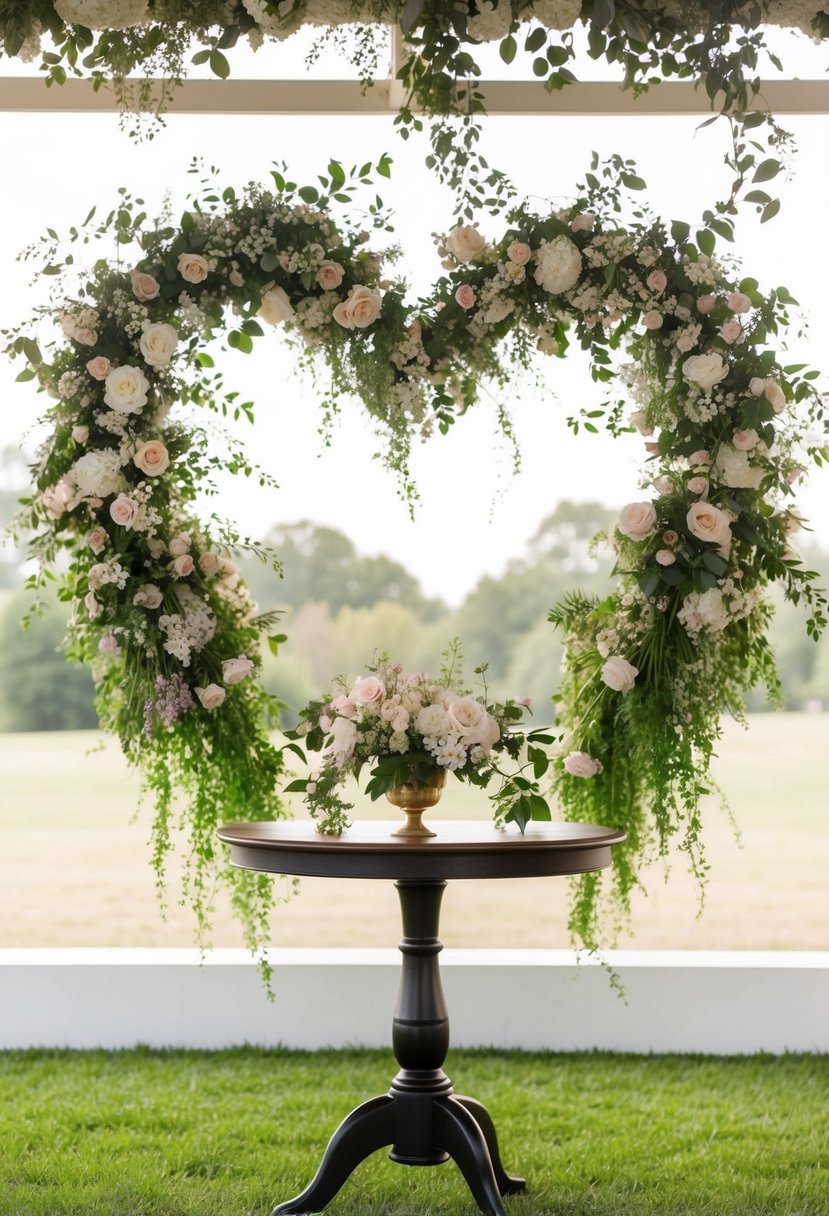 A lush floral wreath adorns the center of a sweetheart table, with delicate blooms and greenery cascading gracefully around the edges