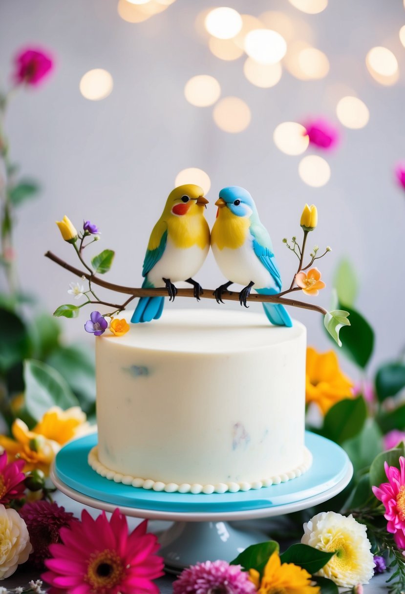 A whimsical cake topper featuring a pair of lovebirds perched on a delicate branch, surrounded by colorful flowers and foliage