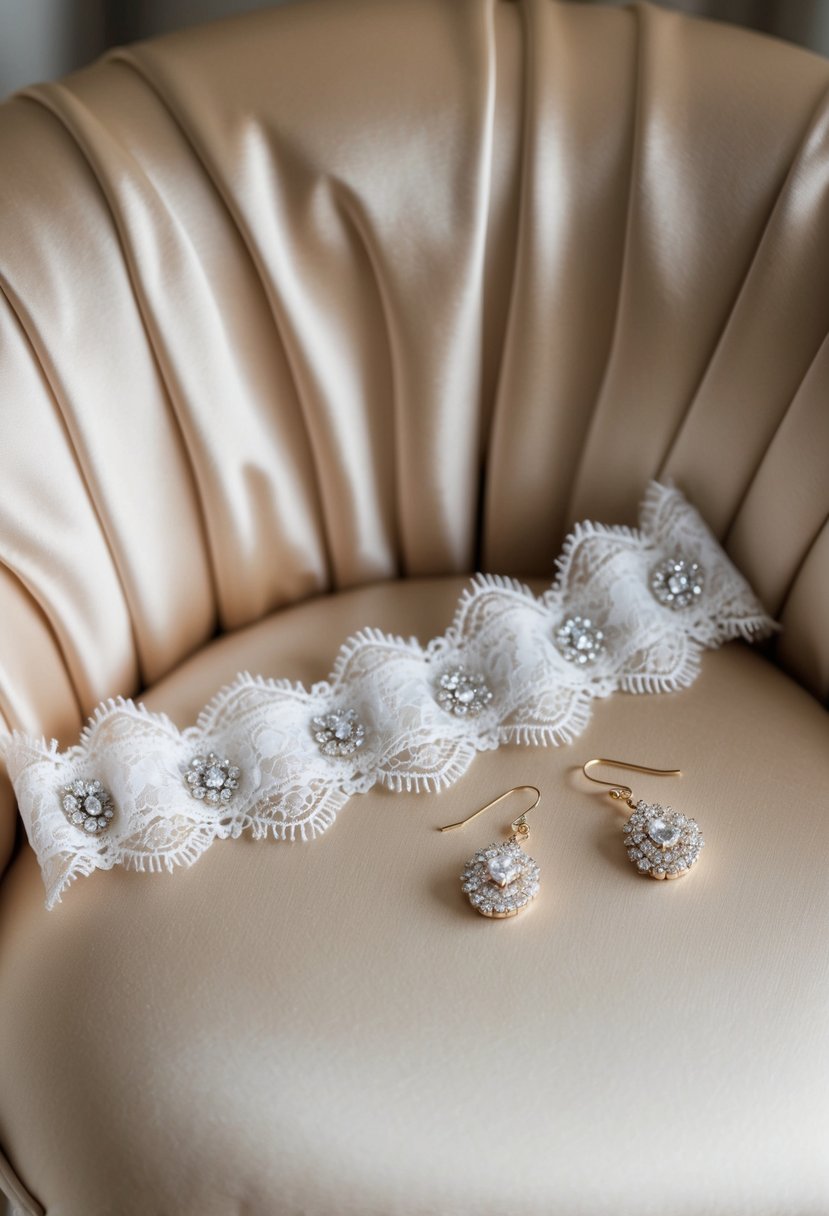 A delicate lace garter and a sparkling pair of earrings laid out on a soft, satin cushion