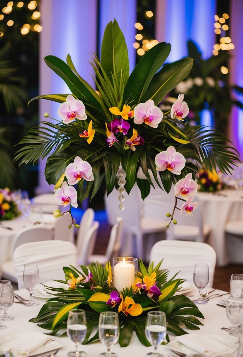 A lush arrangement of tropical leaves and vibrant orchids adorns a romantic sweetheart table at a wedding reception