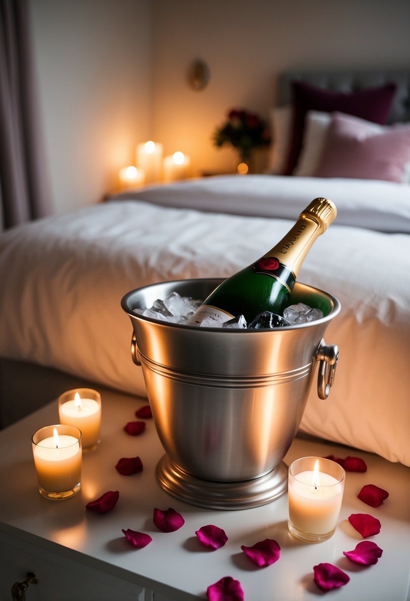 A cozy bedroom with soft candlelight, rose petals scattered on the bed, and a bottle of champagne chilling in an ice bucket