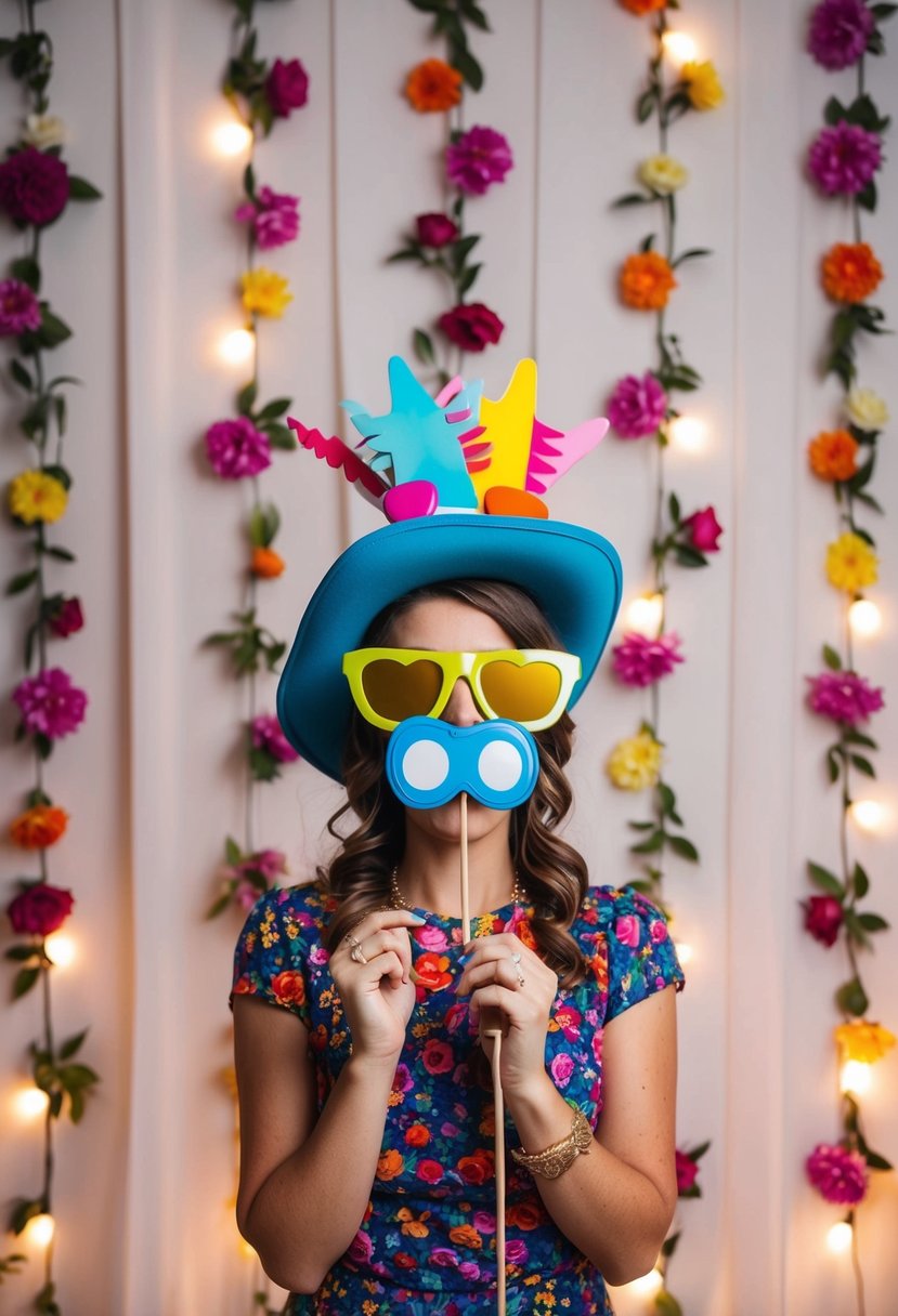 A photo booth with colorful props and a backdrop of flowers and lights