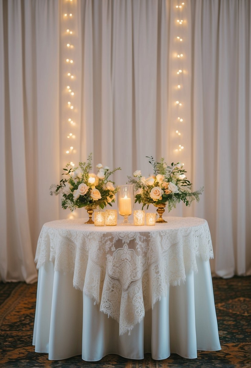 A vintage lace tablecloth drapes over a sweetheart table adorned with delicate floral arrangements and glowing candlelight, creating a romantic setting for a wedding celebration