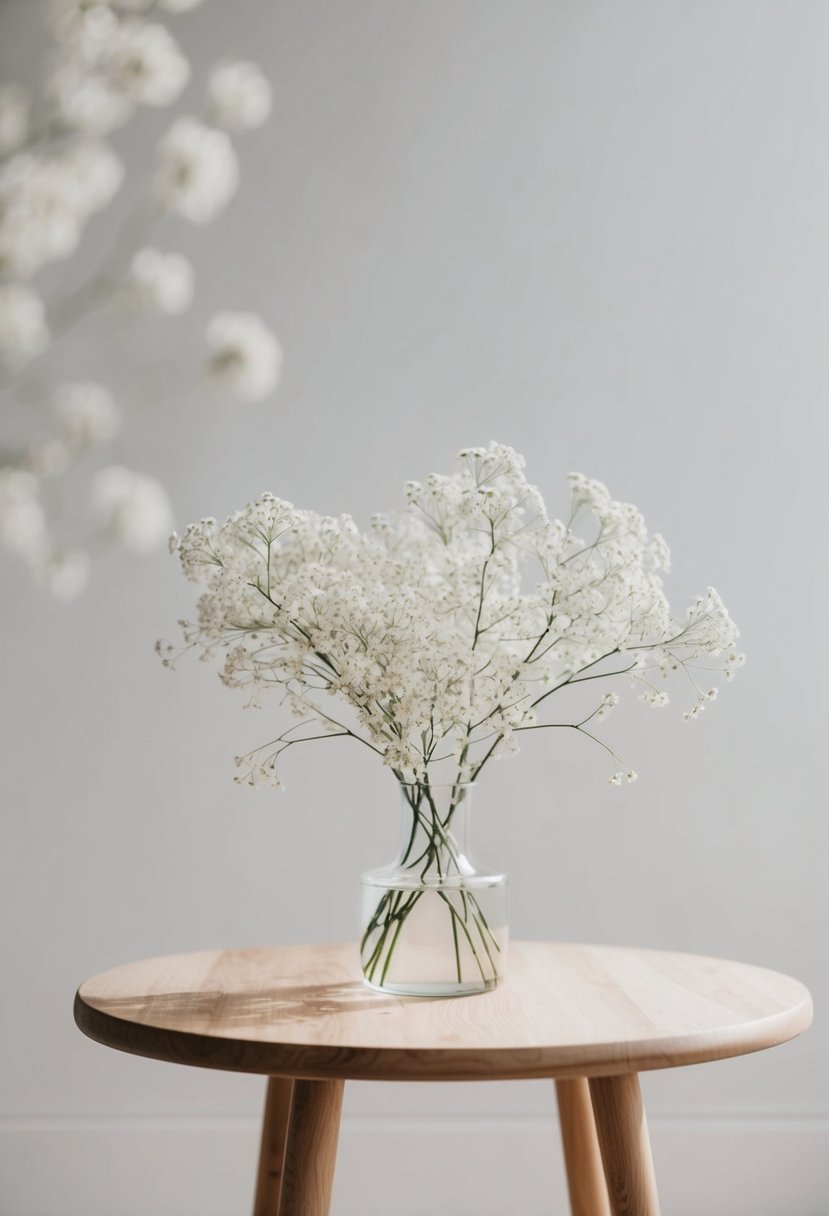 A simple wooden table adorned with delicate Baby's Breath flowers in a minimalist setting