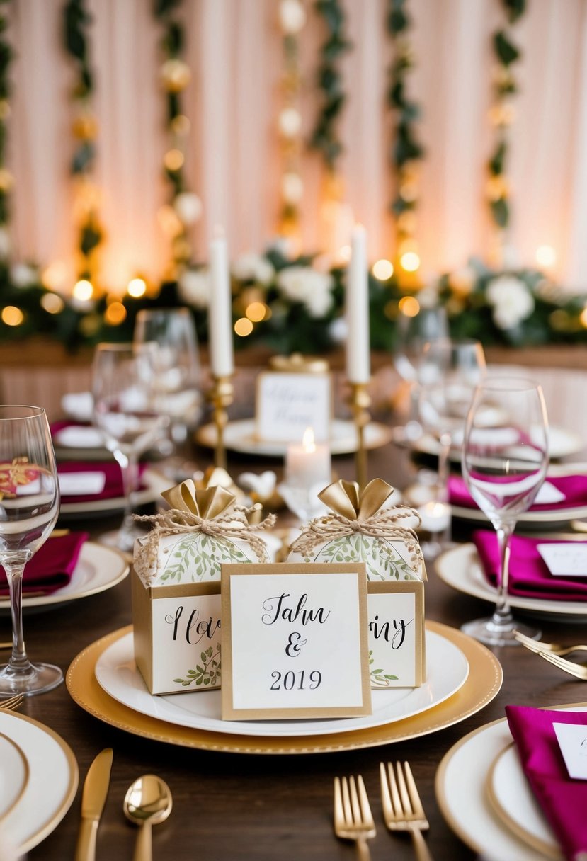 A table adorned with personalized wedding favors, surrounded by festive decorations and elegant place settings