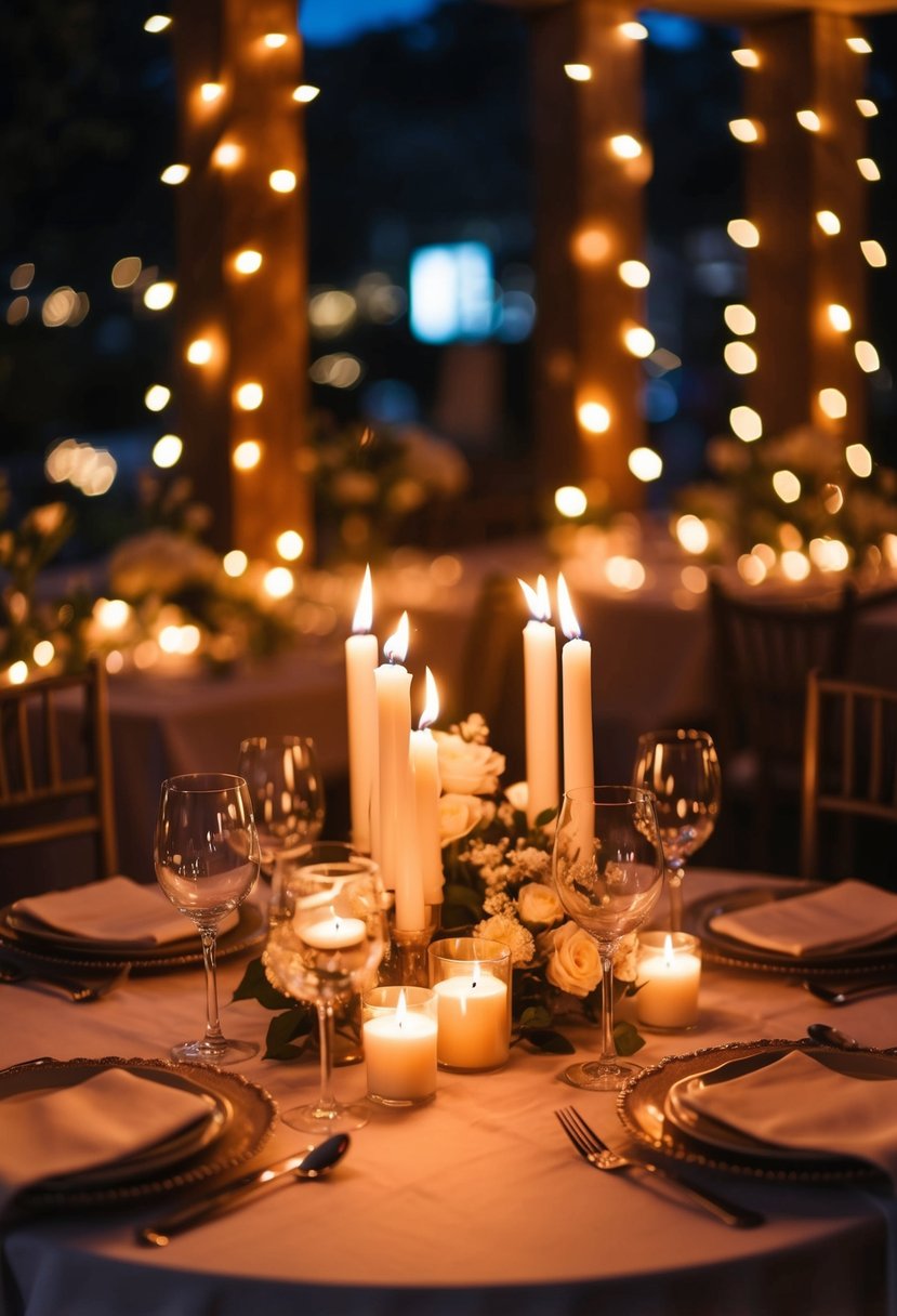 A cozy sweetheart table bathed in candlelight, with flickering flames casting a warm, romantic glow on the surrounding decor