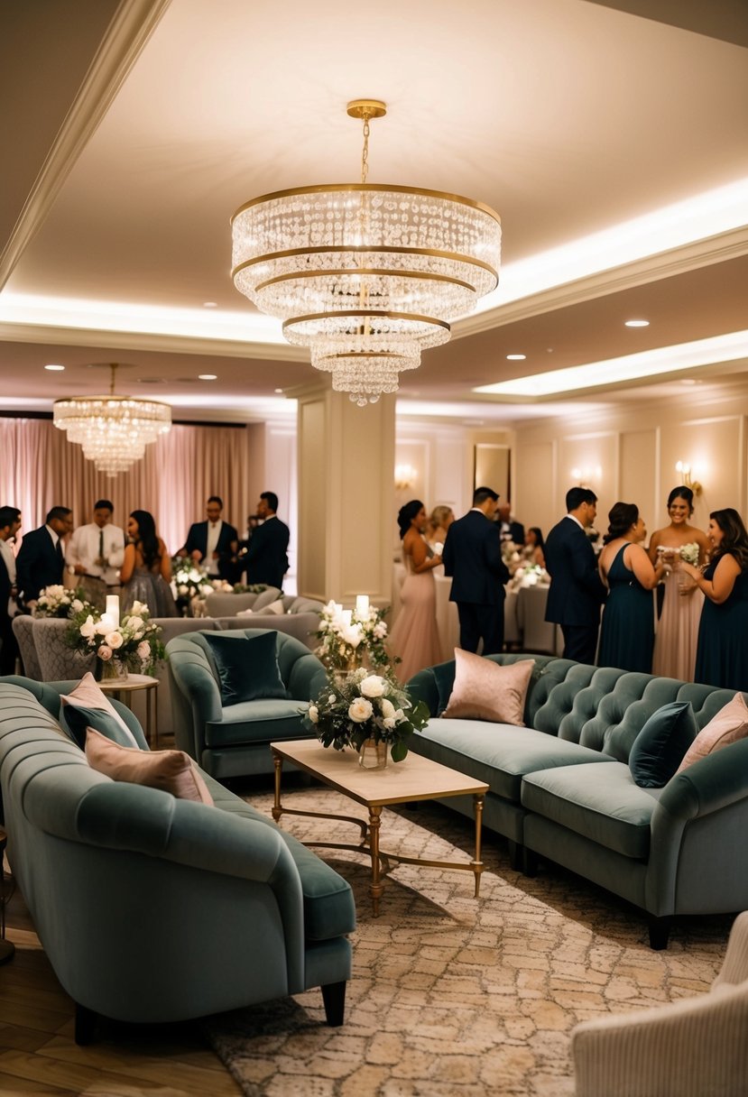 A cozy lounge area with plush seating, soft lighting, and elegant decor for guests to relax and socialize at a wedding party