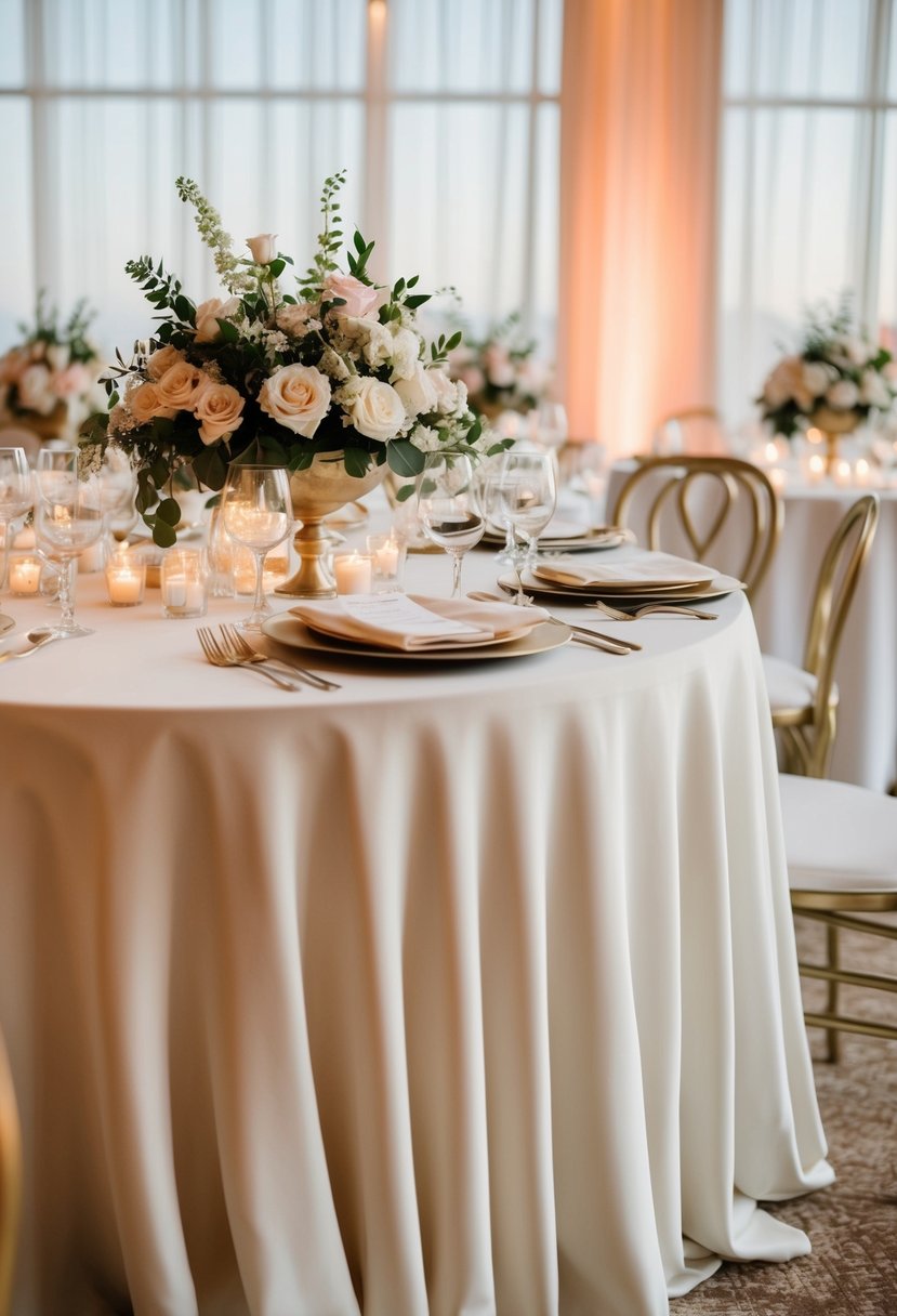 A draped fabric sweetheart table with elegant floral centerpieces and soft lighting