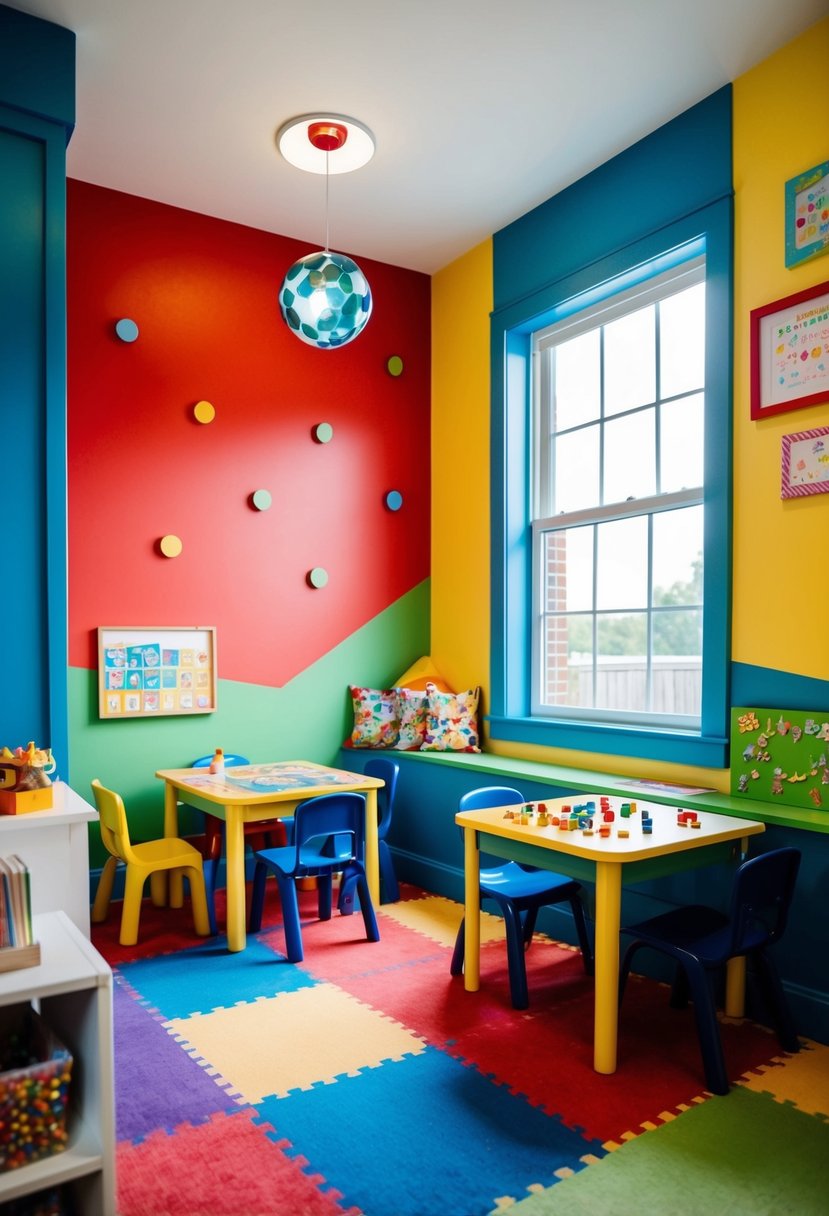 A colorful kids' corner with craft tables, games, and a reading nook